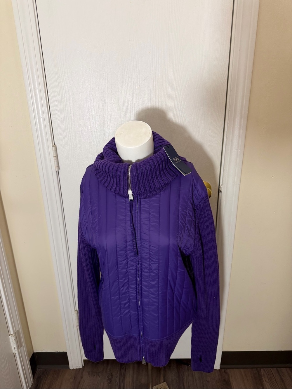 Polo by Ralph Lauren Womans Jacket Purple Quilted Merino Wool Cardigan Sz L NWT
